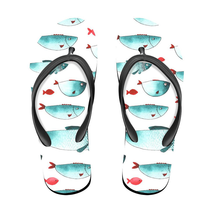 Watercolor Funny Green And Red Sea Fishes On White Design Flip Flops For Men And Women