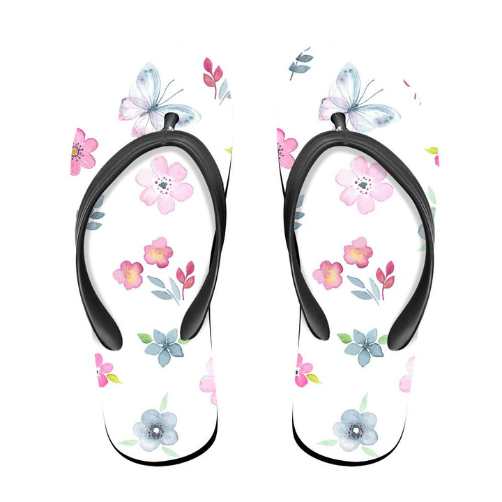Watercolor Flowers And Butterfly In Vintage Style Flip Flops For Men And Women
