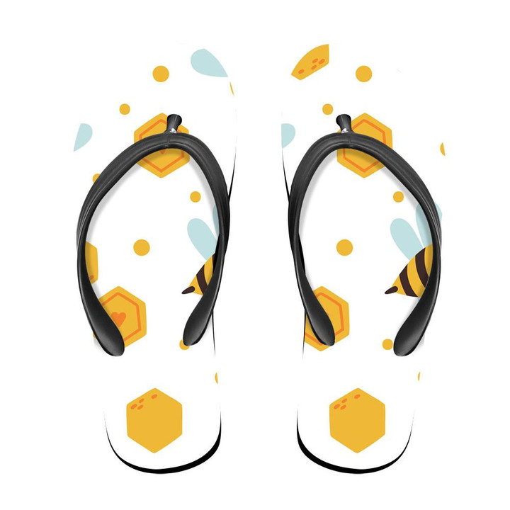 Watercolor Cartoon Bee Insects And Honeycombs Flip Flops For Men And Women