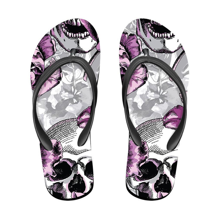 Violet Tulips Flowers And Human Skulls On Gray Background Flip Flops For Men And Women