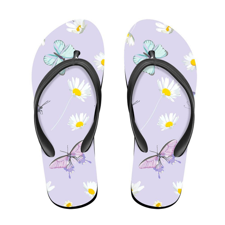 Violet Theme Watercolor Daisy Flowers And Butterfly Pattern Flip Flops For Men And Women