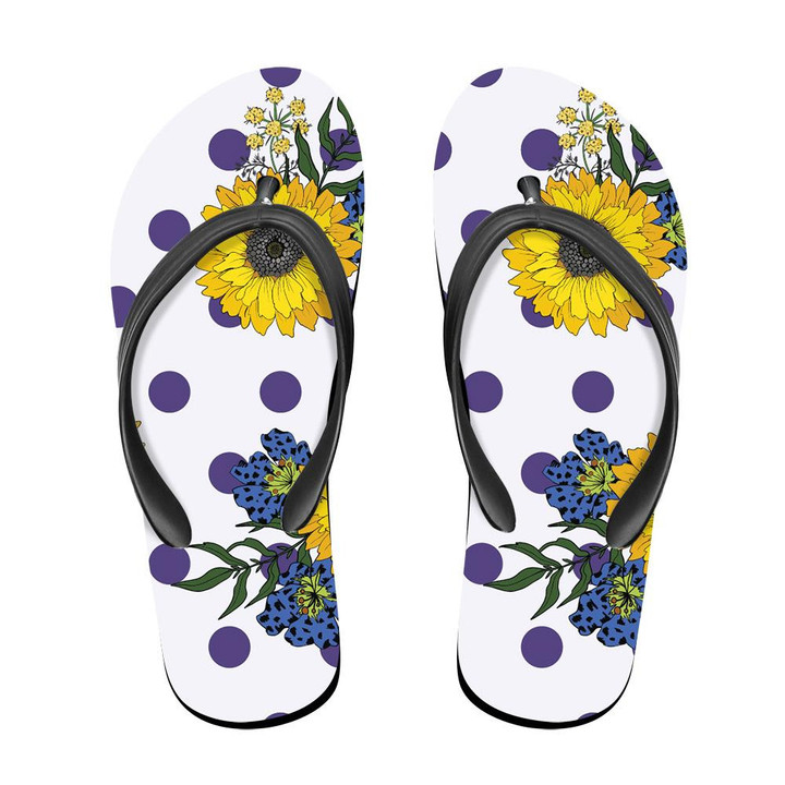 Violet Polka Dots Background With Hippie Sunflower Flip Flops For Men And Women