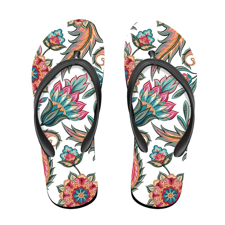 Vintage Style Green And Pink Flower Leaves Paisley Pattern Flip Flops For Men And Women
