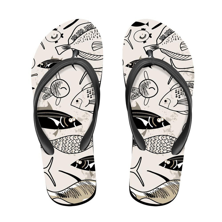Vintage Style Collection Of Sea Fishes Hand Drawn Pattern Flip Flops For Men And Women