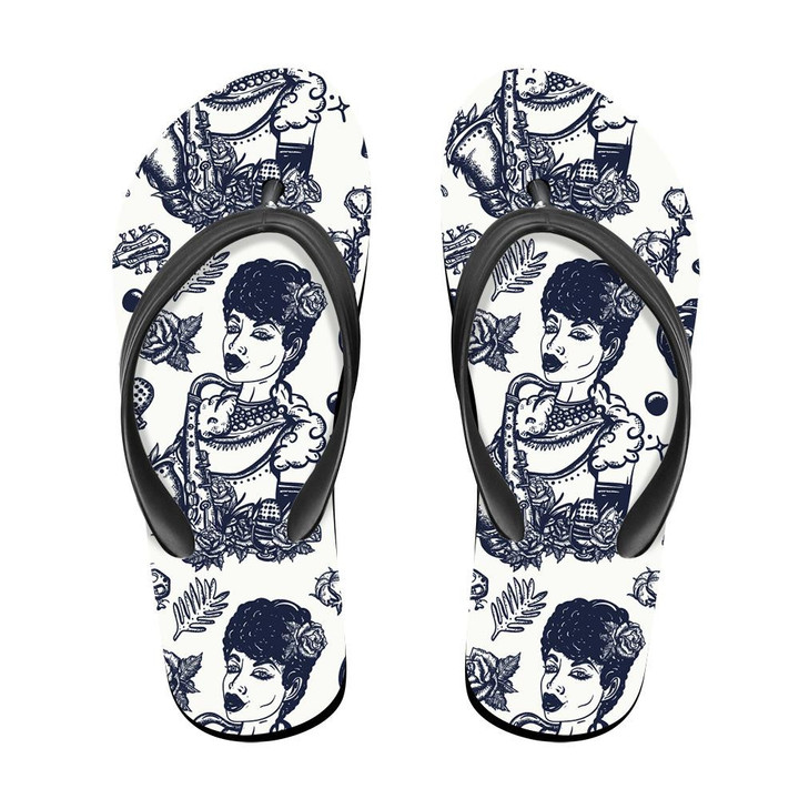 Vintage Sketch Beautiful Black Woman And Saxophone Flip Flops For Men And Women