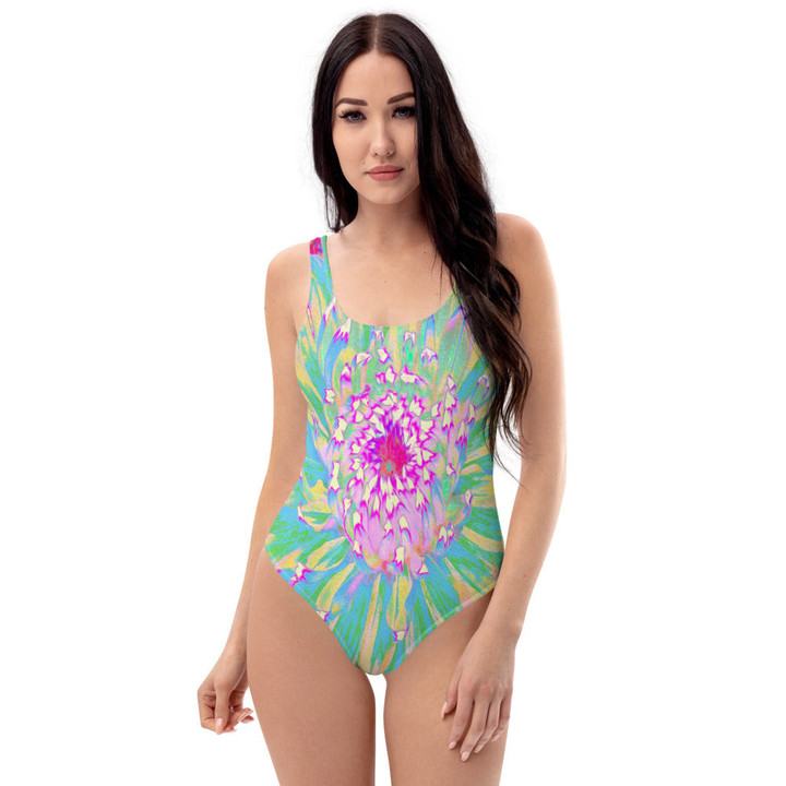 Decorative Teal Green And Hot Pink Dahlia Flower Women's One Piece Swimsuit