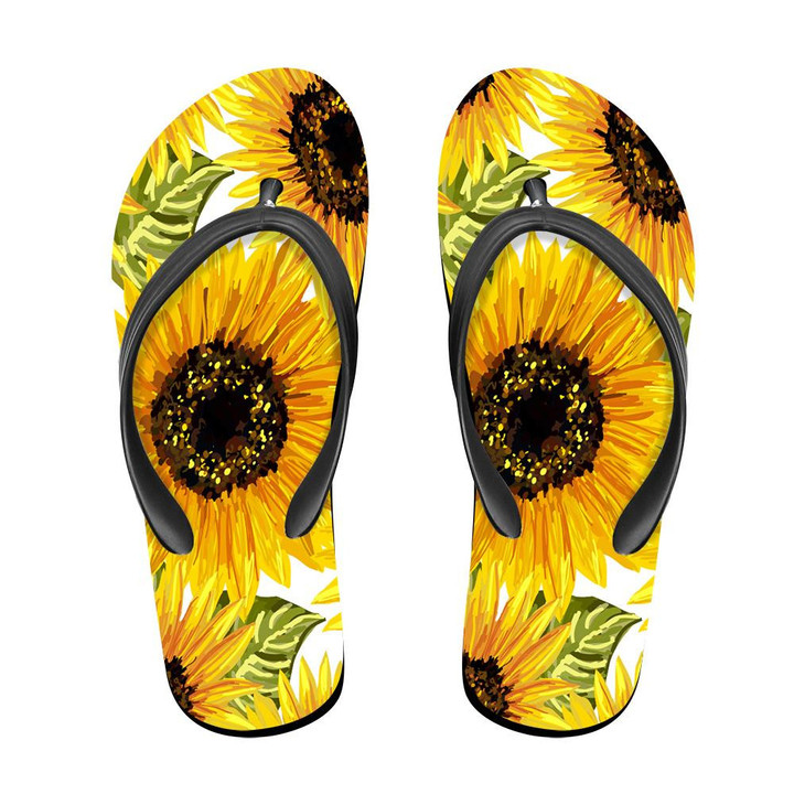 Vibrant Sunflower And Leaves Watercolor Painting Theme Flip Flops For Men And Women