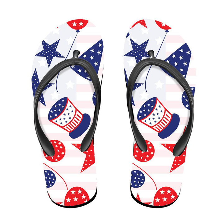 Various Shape Of Amrican Flag Icons On Blurred Background Flip Flops For Men And Women