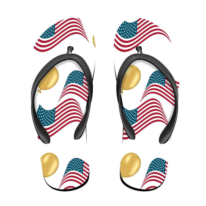 USA Waving Flag And Golden Air Balloon On White Background Flip Flops For Men And Women