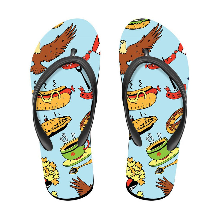 USA Fastfood Pattern With Eagle And USA Text On Blue Background Flip Flops For Men And Women