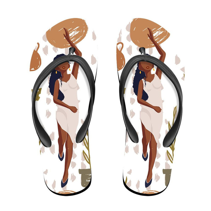 Tropical Summer Illustration Of Black Woman With Tropical Botany Elements Flip Flops For Men And Women
