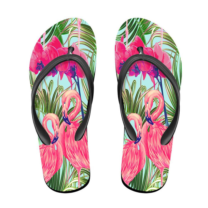 Tropical Palm Leaves And Orchid With Couple Flamingo Flip Flops For Men And Women