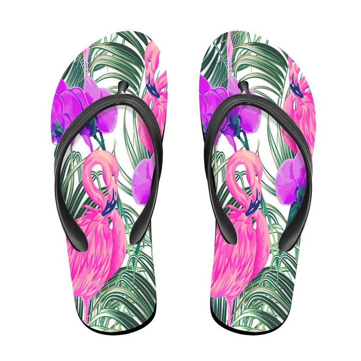 Tropical Orchid Flowers And Palm Leaves With Flamingo Flip Flops For Men And Women