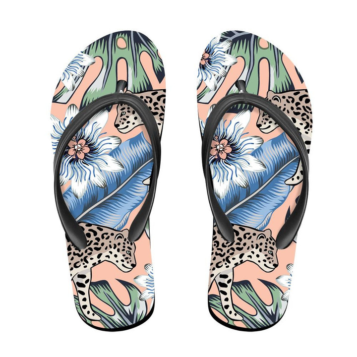 Tropical Leopard Animal And Passion Flowers Pink Background Flip Flops For Men And Women