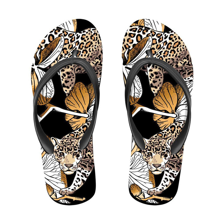 Tropical Leopard Animal And Lily Flowers Flip Flops For Men And Women