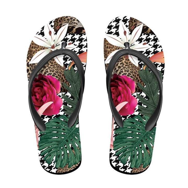 Tropical Flowers And Leopard On Geometric Houndstooth Background Flip Flops For Men And Women