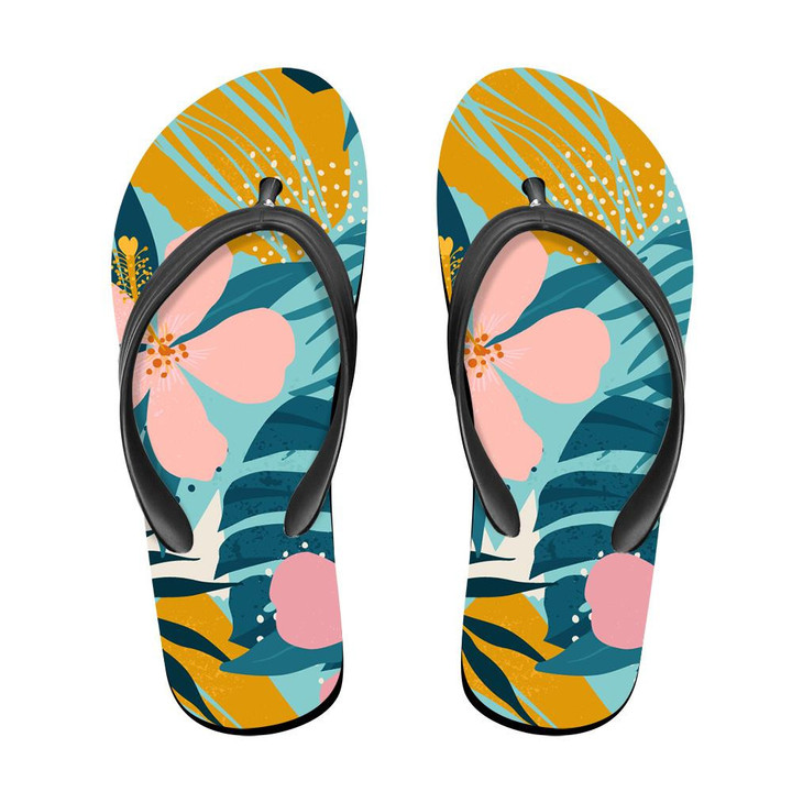 Tropical Flowers And Artistic Palm Leaves On Aqua Blue Background Flip Flops For Men And Women