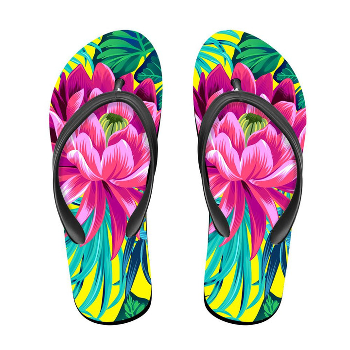 Tropical Floral Waterlily Lotus Flowers And Leaves Art Pattern Flip Flops For Men And Women