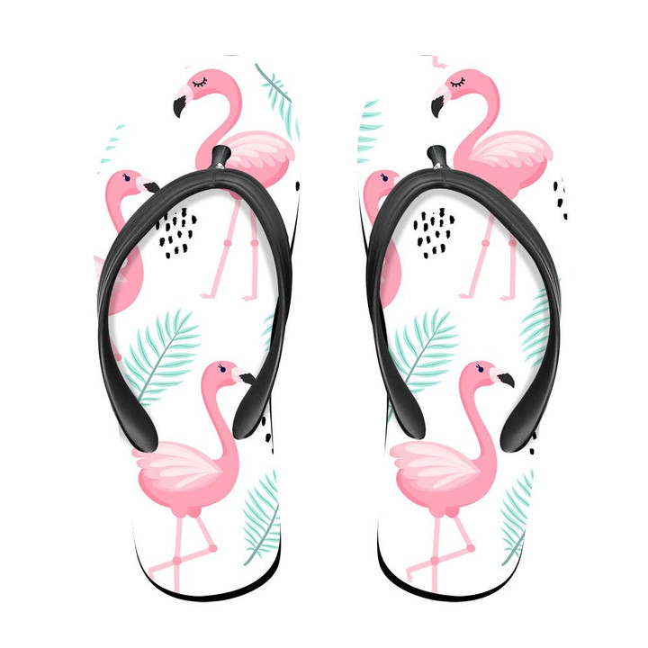 Tropical Flamingo Leaves And Black Dots Flip Flops For Men And Women
