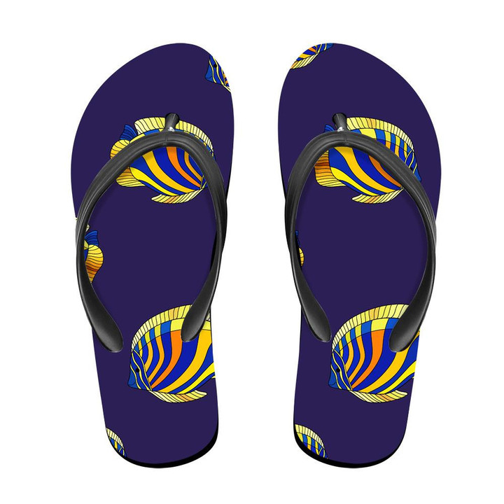 Tropical Fishes With Blue And Yellow Wavy Stripes On Dark Purple Background Flip Flops For Men And Women