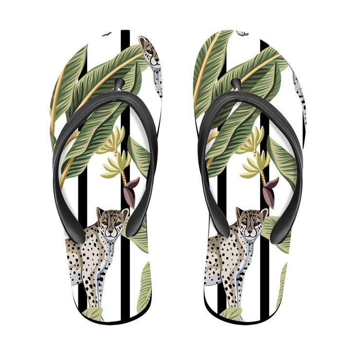 Tropical Banana Trees And Leopard Black And White Striped Flip Flops For Men And Women