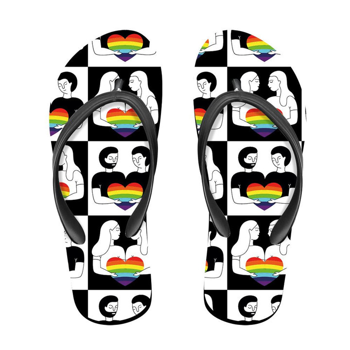 Trendy Hand Drawn Man And Woman Holding Hearts Pattern Flip Flops For Men And Women