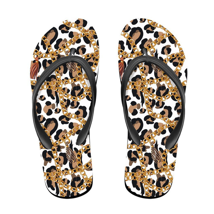 Trendy Gold Chains On Leopard Skin Flip Flops For Men And Women