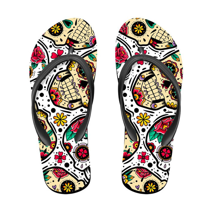 Traditional Sugar Skull Mexican With Small Flowers Flip Flops For Men And Women