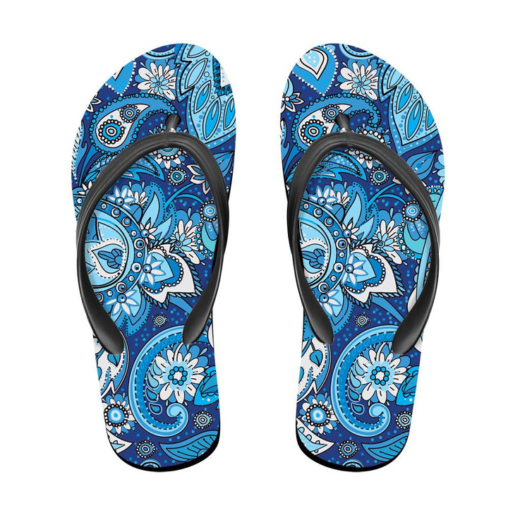 Traditional Paisley Floral And Leaves In Blue Color Pattern Flip Flops For Men And Women