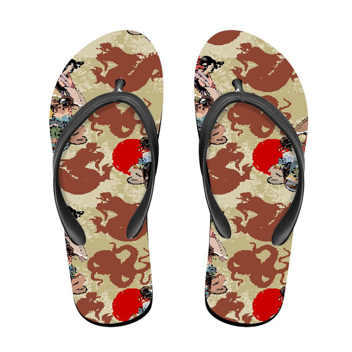 Traditional Japanese Culture Red Sun Dragon And Geisha Flip Flops For Men And Women