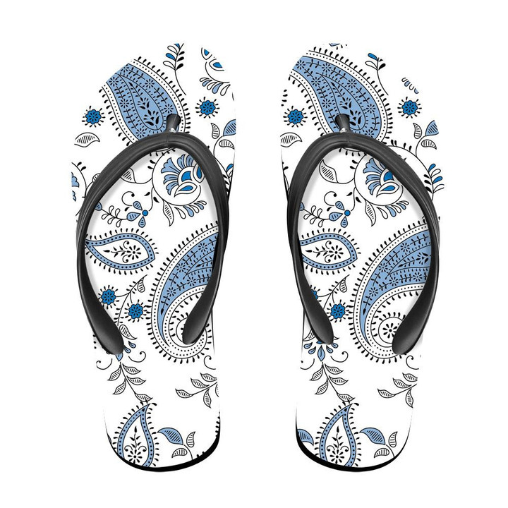 Traditional Blue Indian Paisley Floral Branches Hand Drawn Pattern Flip Flops For Men And Women
