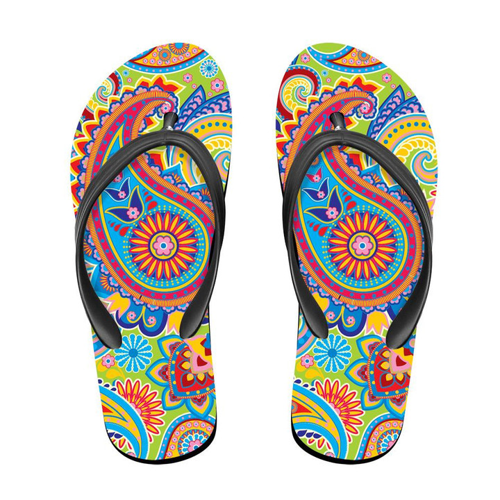 Tradition Asean Paisley Design With Colorful Flowers And Leaves Flip Flops For Men And Women