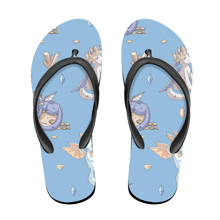 Three Cute Cartoon Dragons With Their Treasure Flip Flops For Men And Women