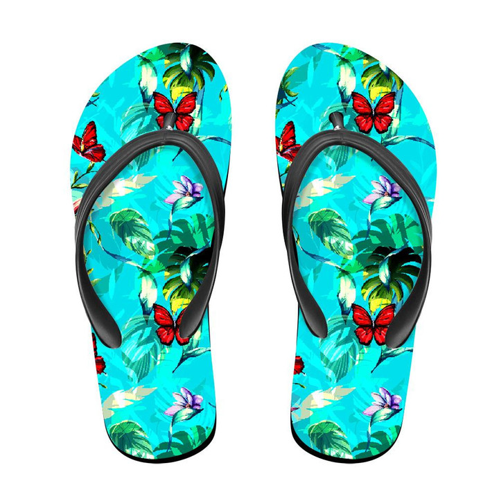 Theme Wild Flowers With Tropical Leaf And Butterfly Around On Blue Flip Flops For Men And Women