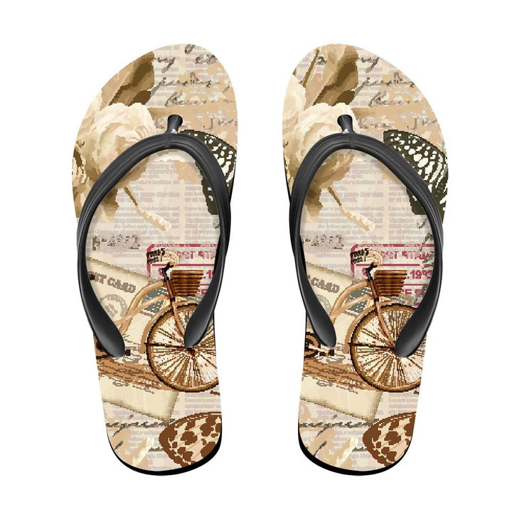 Theme Vintage With Rose Butterflies And Bicycles Flip Flops For Men And Women