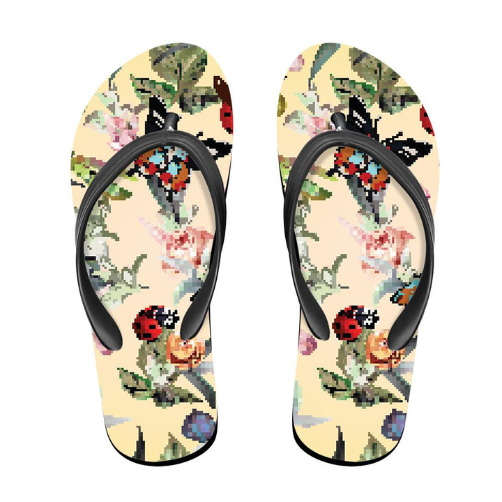 Theme Summer With Hand Drawn Butterflies And Flowers Flip Flops For Men And Women