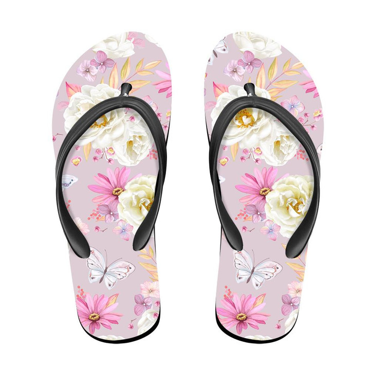 Theme Spring With White Roses Purple Pyrethrums Small Roses And Flying Butterflies Flip Flops For Men And Women