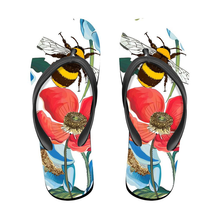 Theme Red Poppy Flowers With Bumblebee And Butterfly Flip Flops For Men And Women