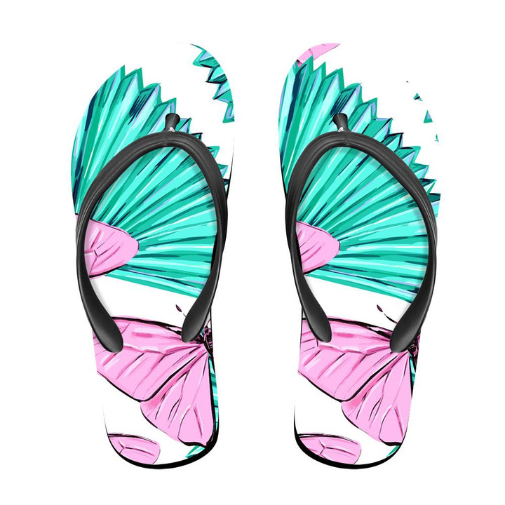 Theme Pink Butterflies And Palm Leaves Flip Flops For Men And Women