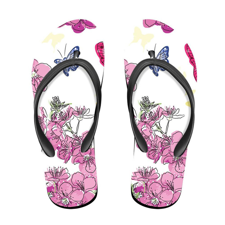 Theme Mystical Floral Background With Butterflie Flip Flops For Men And Women