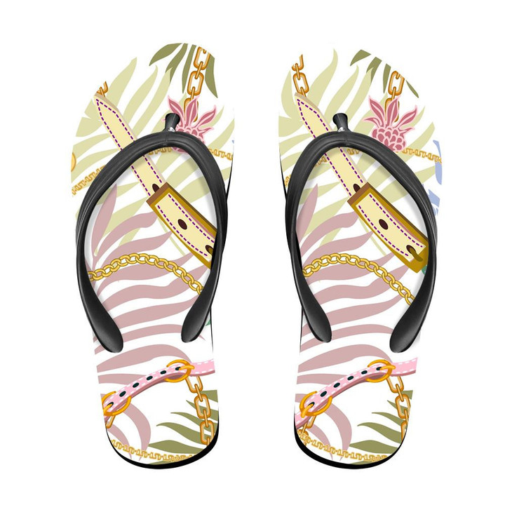 Theme Golden Butterflies Chains And Palm Leaves Flip Flops For Men And Women