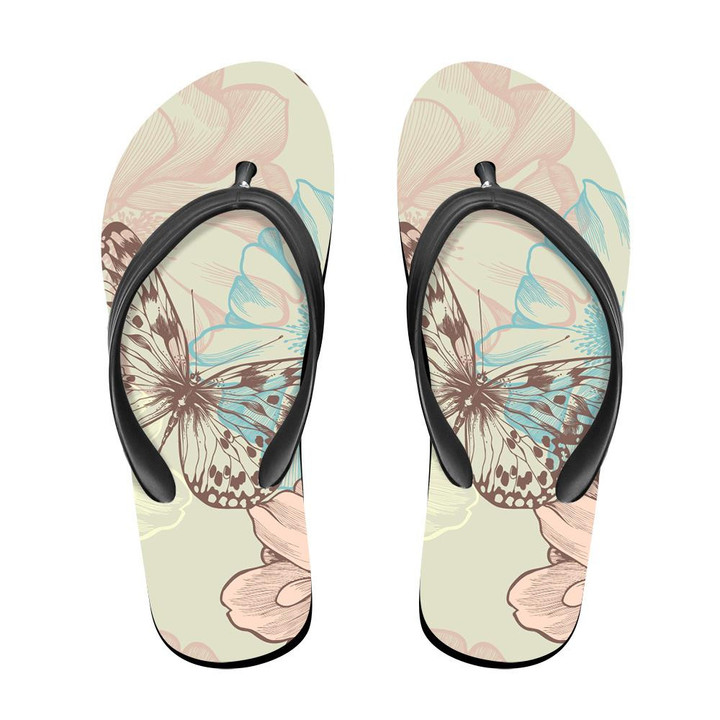 Theme Floral With Roses And Butterflies Flip Flops For Men And Women