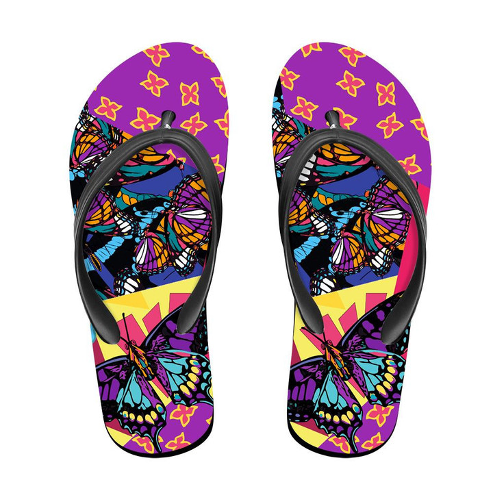 Theme Exotic Beach Trendy Jungle Butterflies With Stripes Vibrant Flip Flops For Men And Women