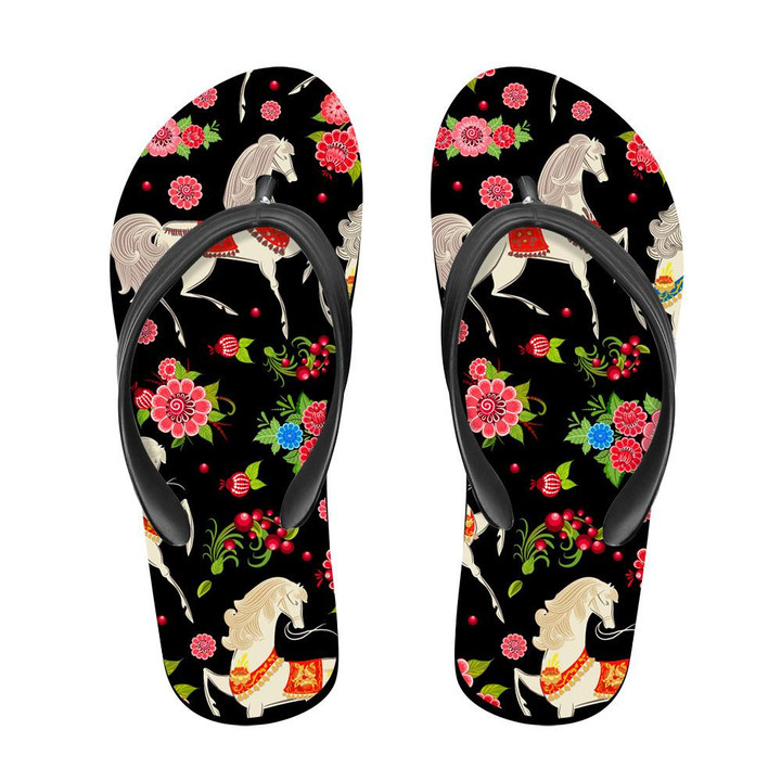 The Bright Beautiful Horses In Flowers Flip Flops For Men And Women