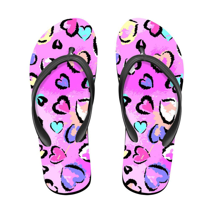 Abstract Leopard With Hearts Elements Grunge Texture Background Flip Flops For Men And Women