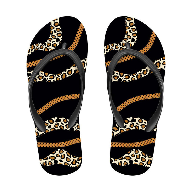 Abstract Leopard Skin With Wavy On Black Flip Flops For Men And Women