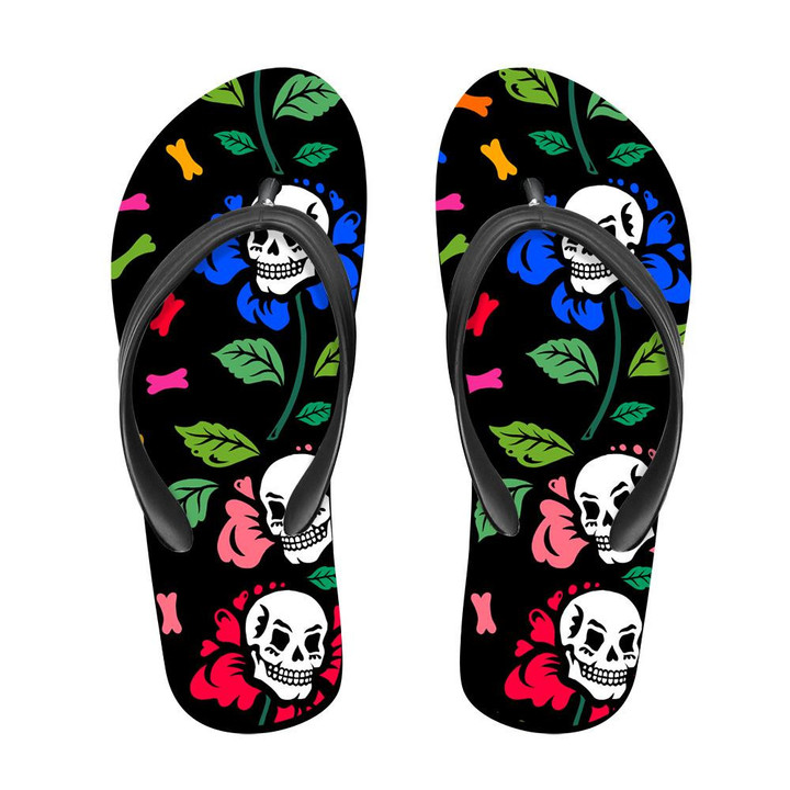A Garland Of Flowers With Human Skulls Among The Colored Bones Flip Flops For Men And Women
