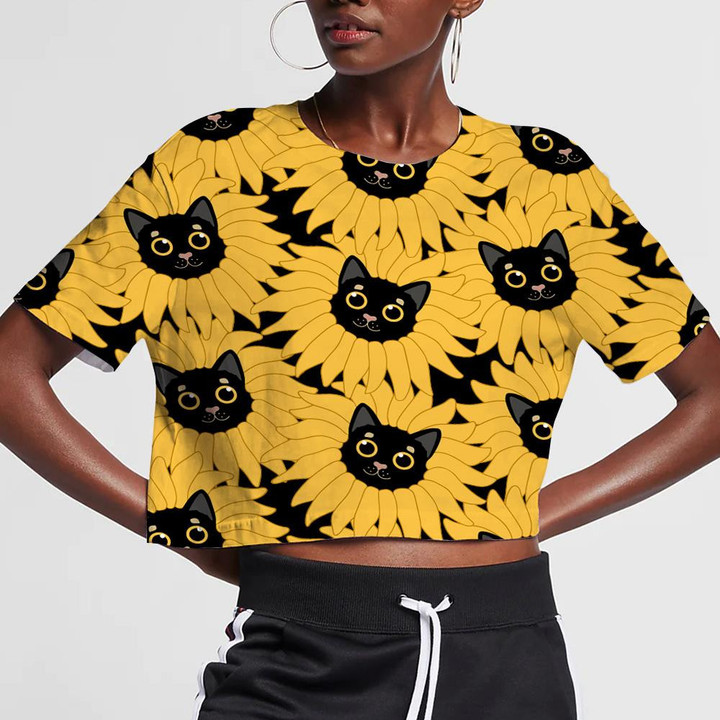 Yellow Sunflower And Funny Black Cat 3D Women's Crop Top