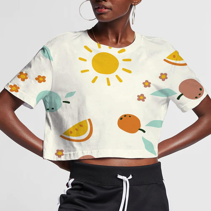 Yellow Sun With Flowers And Fruits 3D Women's Crop Top