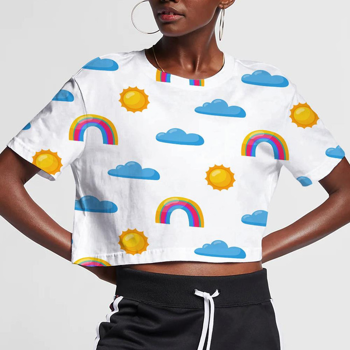 Yellow Sun Cloud And Rainbow On White Background 3D Women's Crop Top